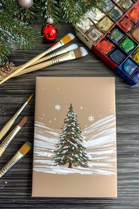 Christmas Card Brown Paper, Brown Card Christmas Cards, Easy Christmas Card Painting, Christmas Card Ideas Aesthetic, Brown Christmas Cards, Aesthetic Christmas Card Ideas, Christmas Card Aesthetic, Aesthetic Christmas Cards, Christmas Card Elegant