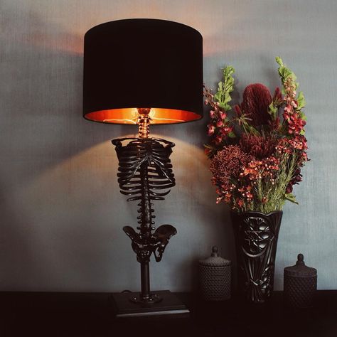 THE BLACKENED TEETH Ltd on Instagram: “The Skeleton Table Lamp Copper Inner Lampshade for a lovely warm glow! Get that Christmas Wish List started!!✨ www.theblackenedteeth.com…” Skeleton Lamp, Whats Wallpaper, Goth Home Decor, Goth Decor, Goth Home, Dark Home Decor, Lampe Decoration, Dark Home, Skull Decor