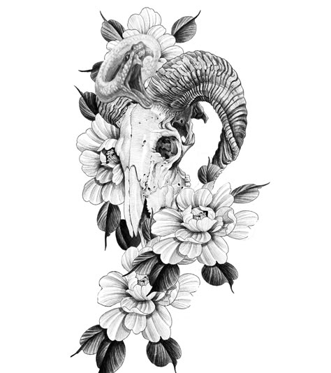 Deer Skull Tattoos, Bull Skull Tattoos, Ram Tattoo, Surreal Tattoo, Skull Sleeve Tattoos, Bull Tattoos, Ram Skull, Wicked Tattoos, Aries Tattoo