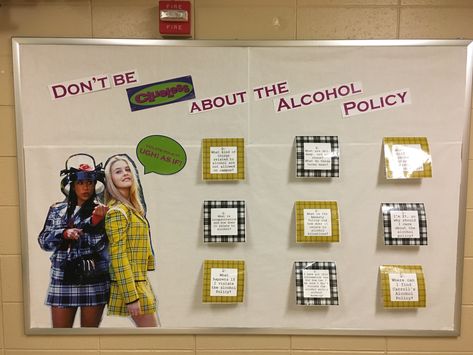 Clueless /alcohol policy bulletin board Clueless Bulletin Board, Alcohol Bulletin Board, Ra Programming, Res Life Bulletin Boards, Ra Inspiration, College Bulletin Boards, Ra Themes, Bulletin Boards Theme, Ra Bulletins