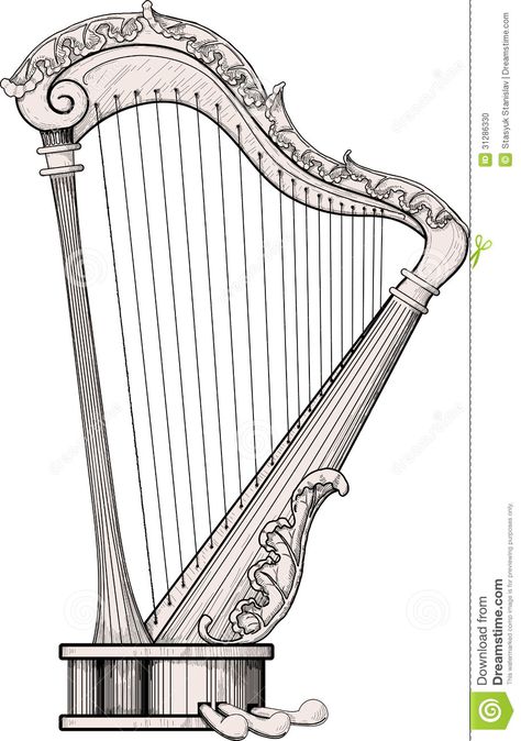 Decorated harp Harp Sketch, Different Instruments, Harp Drawing, Eagle Back Tattoo, Harp Art, Outline Painting, Classical Instruments, Arts Background, Black Cartoons