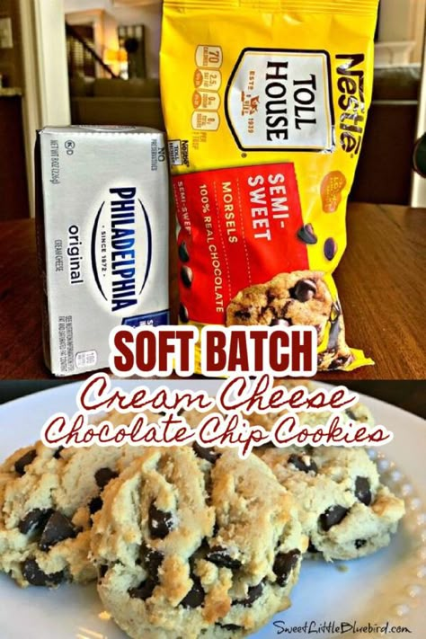 Soft Batch Cream Cheese Chocolate Chip Cookies - Sweet Little Bluebird Cream Cheese Sweets Recipes, Easy Snacks With Cream Cheese, Cream Cheese Chip Cookies, Chocolate Chip Cheese All, Cream Cheese Oatmeal Cookies, Snack Ideas With Cream Cheese, Super Soft Chocolate Chip Cookies, Cream Cheese White Chocolate Chip Cookies, Cream Cheese Chocolate Cookies