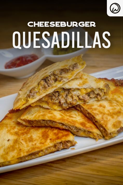 Cheeseburger Quesadillas Casadia Recipe Quesadillas, Cheeseburger Quesadilla Recipe, Casadia Recipe, Cheeseburger Quesadillas, Cheeseburger Quesadilla, Quesadilla Recipe, Flat Pan, Colby Cheese, Quesadilla Recipes