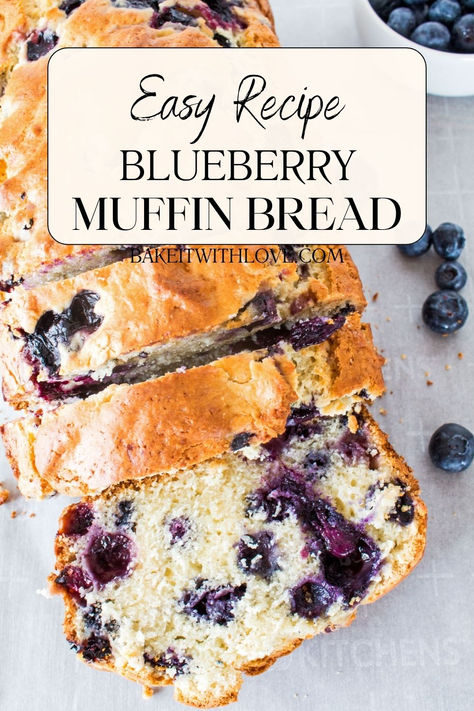 Sliced Blueberry Muffin Bread Blueberry Muffin Bread Recipe, Muffin Bread Recipe, Moist Blueberry Muffins, Blueberry Muffin Bread, Fast Breakfast, Best Homemade Bread Recipe, Best Blueberry Muffins, Lemon Blueberry Bread, Lemon Blueberry Muffins