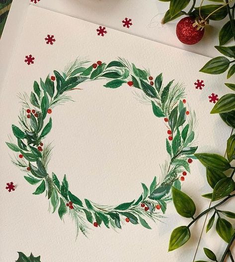 Painted Wreath Ornaments, Wreath Painting Christmas, Christmas Wreaths Painting, Christmas Wreath Painting Acrylic, Christmas Wreath Drawing, Christmas Wresth, Painted Christmas Wreath, Christmas Wreath Painting, Wreath Painting