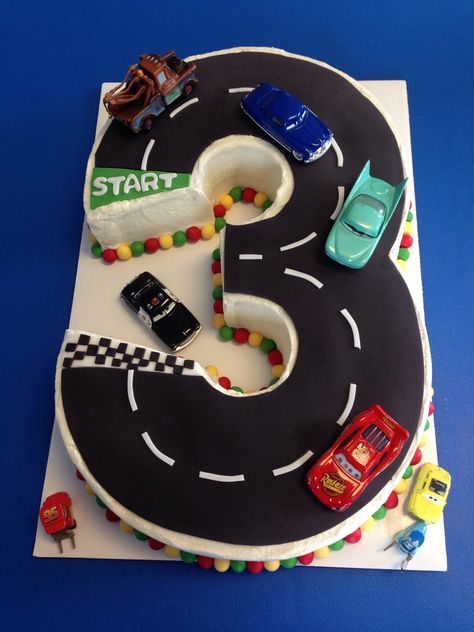 Disney Cars Third Birthday Cake Race Track Cake, Race Car Cakes, Cars Birthday Cake, Disney Birthday Cakes, Car Themed Parties, Torte Cupcake, 3rd Birthday Cakes, Cars Theme Birthday Party, Race Car Party