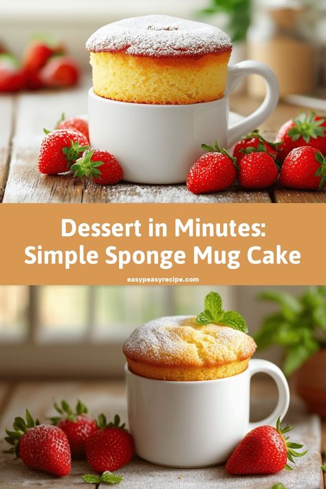 A fluffy sponge mug cake dusted with powdered sugar and surrounded by fresh strawberries on a rustic wooden table. Simple Mug Cake Recipe, Mug Dessert Recipes, Traditional Baking, Easy Mug Cake, Mug Cake Recipe, Mug Cake Microwave, Tea Cakes Recipes, Dessert For Two, Sponge Cake Recipes