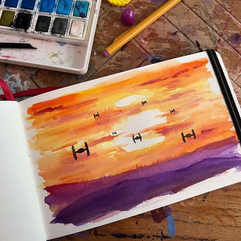 Watercolor Art Star Wars, Watercolour Star Wars, Star Wars Watercolor Painting Easy, Movie Watercolor Art, Star Wars Marker Art, Star Wars Oil Painting, Star Wars Landscape Painting, Star Wars Watercolor Easy, Star Wars Art Ideas