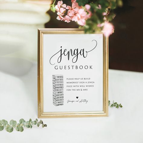 Wedding Jenga Guestbook Sign, Printable Jenga Guestbook Template, 5x7, 8x10, Jenga Guest Book Sign, Jenga Game Sign, Edit with TEMPLETT https://etsy.me/3eyUwbM #wedding #black #white #jengaguestbooksign #jengasign #jengablocksign #guestbooksign #weddingjengasign Jenga Sign In Guest Books, Wedding Jenga Sign, Jenga Wedding Sign, Wedding Jenga Guest Book, Jenga Wedding Guest Book Sign, Jenga Guest Book Sign, Jenga Guest Book Wedding, Guest Book Jenga, Jenga Wedding Guest Book