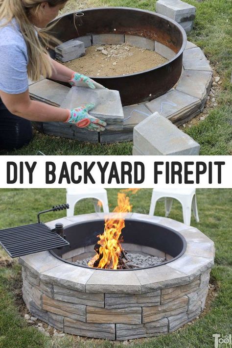 DIY Backyard Firepit made from wall blocks for a 36" fire ring. - Her Tool Belt Fire Pit With Fire Ring, How To Build Fire Pit, Fire Pit Ring Ideas Backyard, Build Your Own Fire Pit, Diy Fire Ring Ideas, Fire Ring Fire Pit, Firepits Backyard Ideas Diy, Fire Pit Surround Ideas, Diy Bonfire Pit