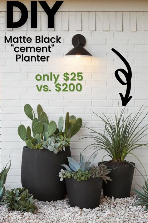 $25 verses $200! Click the link for the full tutorial to see how to diy your own large cemement planter! In matter black or any other color! Diy Concrete Front Porch, Black Plant Pots Outdoor, Outdoor Planter Ideas Front Yards, Potted Plant Flower Bed Front Yards, Black Pots Planters Front Porches, Large Outside Planter Ideas, Black Planters Front Porch, Black Outdoor Planters Front Doors, Diy Planter Outdoor