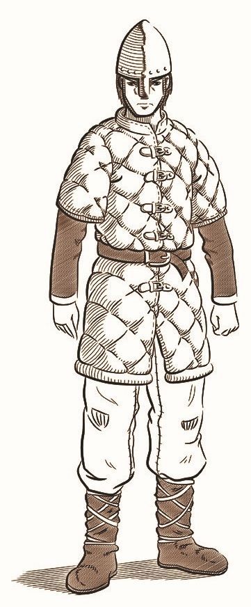 Common medieval armor types: Gambeson - a padded armor made from multiple layers of linen. It was cheap and surprisingly durable. The armor of the common man from the early middle ages into the high middle ages. #TheCenturionsCall Early Medieval Armor, Norman Armor, Gambeson Armour, Padded Armor, Medieval Britain, Middle Ages Clothing, 15th Century Armor, Medieval Gambeson, Norman Knight