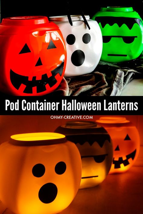 Make these cute DIY Halloween lanterns from empty laundry pod containers. Add tealights and these Halloween lanterns have a fun and spooky glow! If you use laundry pods, then you probably have a few of these lying around already. I'll show you how easy it is to turn laundry containers into fun Halloween lanterns. #diyhalloweenlanterns #pumpkinlanterns #diyhalloweendecorations #halloweendecorideas #laundrypodcrafts #frankensteincraft #ghostcraft #pumpkincraft #halloweensvgfile Halloween Decorations Using Tide Pod Containers, Tide Container Crafts, Tide Pumpkins, Tide Pod Container Pumpkins, Tide Pods Container Crafts, Diy Halloween Lanterns, Rv Halloween, Laundry Containers, Tide Pods Container