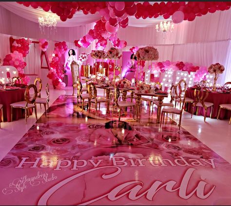 Sweet 16 Ceiling Decorations, Pink Themed Birthday Party Sweet 16, 15 Shades Of Pink Birthday Party, All Shades Of Pink Birthday Party, Barbie Birthday Party Theme Sweet 16, Shades Of Pink Theme Party, Big 21st Birthday Party Ideas, Pink Parties Ideas, Different Shades Of Pink Birthday Party