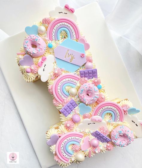 Unicorn Alphabet, Number Birthday Cakes, Cake Designs For Kids, Cake Lettering, Cloud Cake, Eclair Cake, Baby Birthday Invitations, Girly Cakes, Rainbow Birthday Cake