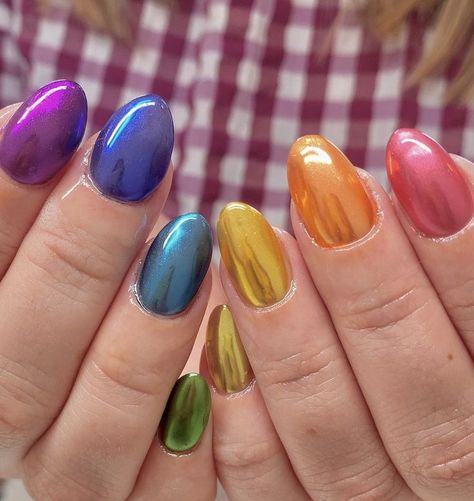 Rainbow Nails Chrome, Neon Nails Chrome, Colourful Chrome Nails, Chrome Rainbow Nails, Fun Chrome Nails, Neon Chrome Nails, Rainbow Chrome Nails, Colorful Chrome Nails, Rainbow Glitter Nails