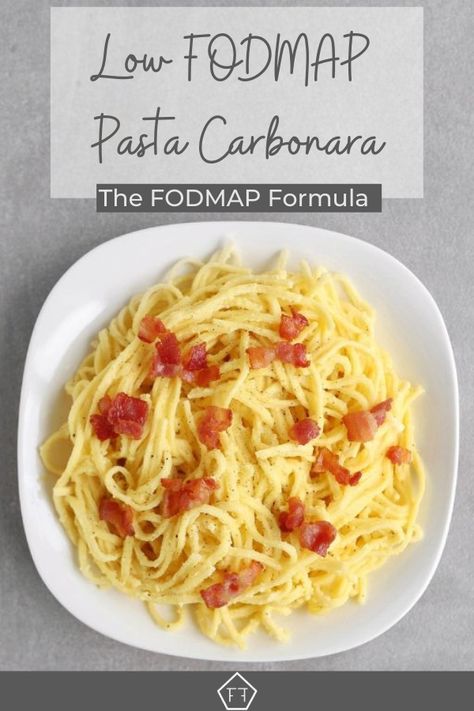 Looking for some serious comfort food? Try this savoury low FODMAP carbonara pasta! FODMAP Recipes | FODMAP Diet | FODMAP Diet Recipes |FODMAP Diet Dinner | FODMAP Dinner | FODMAP Dinner Recipes | Dinner Ideas for Kids | Pasta | gluten-free dinner ideas | Comfort Food | low FODMAP pasta | Low FODMAP carbonara | Carbonara Sauce | www.fodmapformula.com Mop Recipes, Fodmap Pasta Sauce, Healthy Fodmap Recipes, Fodmap Dinner Recipes, Low Fodmap Pasta, Low Fodmap Appetizers, Dinner Ideas For Kids, Gerd Friendly Recipes, Fodmap Dinner