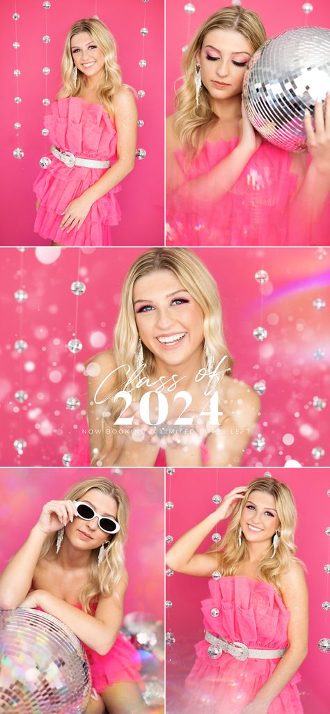 Warsaw Senior Photographer Photo Shoot Party Ideas, Birthday Glamour Photoshoot, Senior Pictures Bright Colors, Senior Pictures Disco Ball, Hot Pink Senior Pictures, In Studio Photoshoot Ideas Senior Pictures, Barbie Graduation Photoshoot, Barbie Senior Pictures, Senior Studio Session