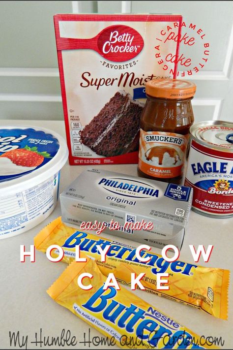 Have you made this ‘Holy Cow Cake’ recipe?  Well, until a couple of years ago, I had never even heard of it!  It certainly piqued my interest when it was one of the options offered by a caterer.  Click through for the easy recipe!  #holycow #holycowcake #cake #holycowcakerecipe #pokecake #easyrecipe Butterfinger Fluff, Oreo Cobbler, Holy Cow Cake, Butterfinger Poke Cake, Beach Eats, Dogs Cake, Butterfinger Cake, Delish Cakes, Cow Cake