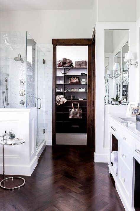 White Master bathroom with Dark Wood Trim - Transitional - Bathroom Bathroom Tile Herringbone, Wood Tile Shower, Dark Wood Trim, Wood Tile Bathroom, Wood Floor Bathroom, Trendy Bathroom Tiles, Bathroom Remodel Cost, Grey Floor Tiles, Floor Trim