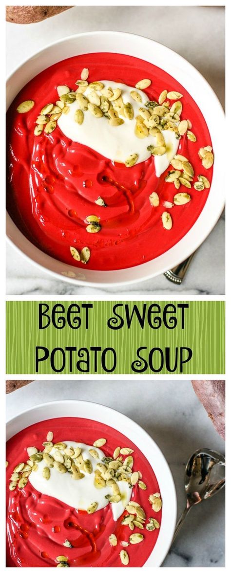 Beet Sweet Potato Soup. So creamy, so easy, so delicious! This recipe is great for your heart, your digestion, and your energy! Beet Sweet Potato, Sweet Potato Soup Recipes, Beet Soup, Beet Recipes, Potato Soup Recipe, Veggie Soup, Sweet Potato Soup, Boost Your Energy, Food Articles