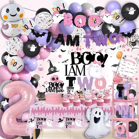 PRICES MAY VARY. [ALL IN ONE] 3pcs Boo I'm Two Banner, 1pcs cake topper, 8pc cupcake toppers, 1pc milestone poster, 1pc background, 1pc table cloth, 3pc 'TWO' box, 3Pcs Aluminum Foil Balloons, 75pc balloons Arch Kit. [Unique Design] Pink spooky cute halloween design, NO DIY REQUIRED. Number 2, ghost, bat, spider, Witch Hat, Pumpkin and skeleton. Highlight the theme of your halloween 2nd birthday party, and contain a variety of Boo I'm Two party elements. bring the fun to your party. [Perfect Pin Halloween 2nd Birthday Party For Girl, Halloween Second Birthday, Halloween 2nd Birthday Party, 2nd Birthday Party Decorations, Minie Mouse Party, Boo Decorations, Halloween Birthday Decorations, Pink Birthday Decorations, Halloween Themed Birthday Party