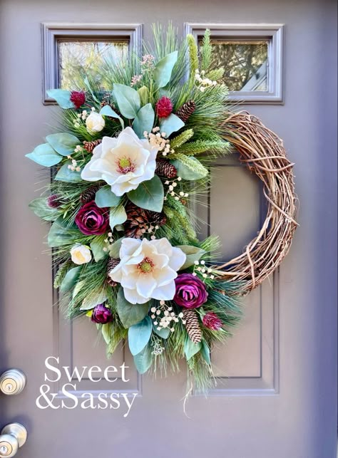 Magnolia Wreaths For Front Door, Spring Wreaths 2023, Magnolia Wreaths, Diy Magnolia Wreath, Silk Flower Wreaths, Winter Door Decorations, Spring And Summer Wreaths, Floral Door Wreaths, Easter Flower Arrangements