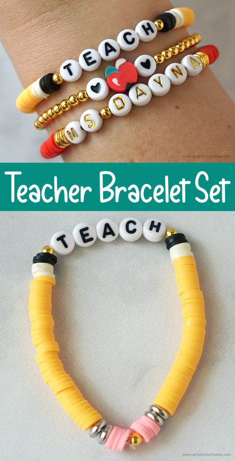 Beaded Mom Bracelet, Polymer Clay Teacher Bracelet, Teacher Appreciation Bracelet Ideas, Team Diy Crafts, Heishi Bracelet Ideas Teacher, How To Make Heshi Bead Bracelets, Cute Clay Bead Bracelet Designs, Heishi Bracelet Ideas Diy, Beaded Bracelet With Words