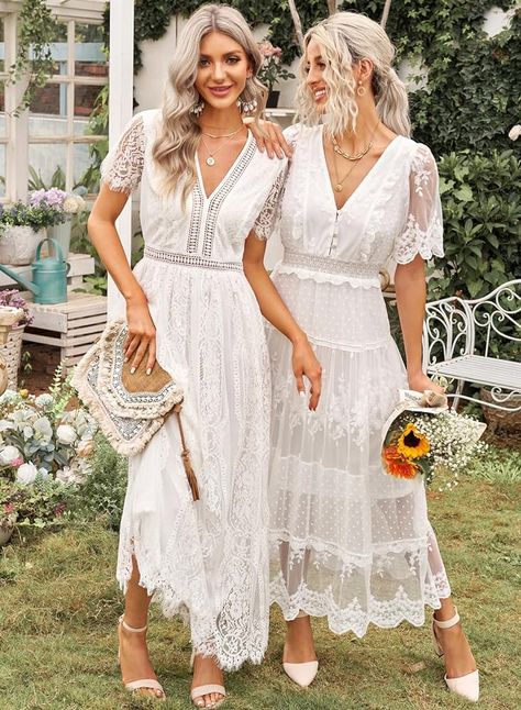 Amazon.com: Happy Sailed Womens V Neck Button Down Floral Lace Maxi Dress Short Sleeve Boho Flowy Dresses A White : Clothing, Shoes & Jewelry Cotton Lace Wedding Dress, Short White Boho Dress, Boho White Dress, Lace Boho Dress, White Floral Lace Dress, Lace Skirts, Floral Lace Maxi Dress, Bohemian Lace Dress, Maxi Dress Short