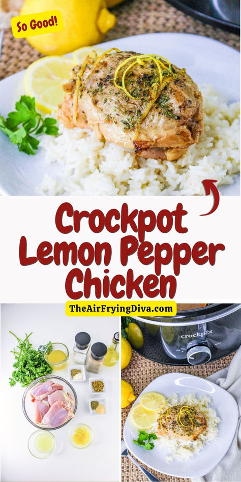 Easy Crockpot Lemon Pepper Chicken Recipe Lemon Pepper Crockpot Chicken, Lemon Pepper Chicken Pasta Crockpot, Lemon Pepper Chicken Crockpot, Lemon Pepper Chicken Crockpot Easy, Lemon Chicken Thighs Crockpot, Crockpot Lemon Pepper Chicken, Lemon Chicken Crockpot, Lemon Pepper Chicken Thighs, Pepper Chicken Recipe