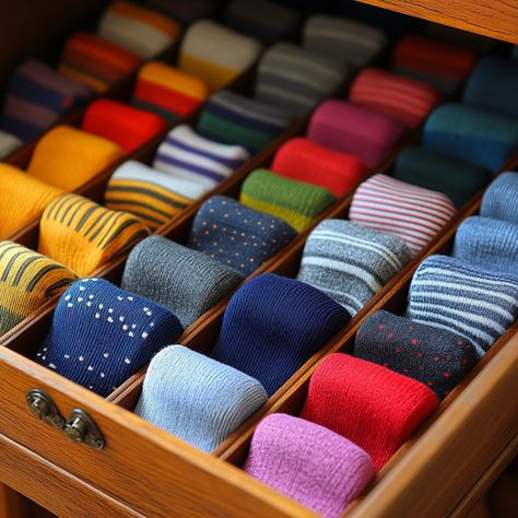 #Colorful sock #sockdrawer: A neatly #organized drawer filled with rows of #vibrant socks arranged by color and pattern. #socks #colorful #drawer #organized #rolled #aiart #aiphoto #stockcake ⬇️ Download and 📝 Prompt 👉 https://stockcake.com/i/colorful-sock-drawer_1259600_1132303 Socks Display, Organize Closet Space, Socks Storage, Sock Display, Display Visual Merchandising, Sock Storage, Sock Organization, Baby Clothes Organization, Storage Bedroom