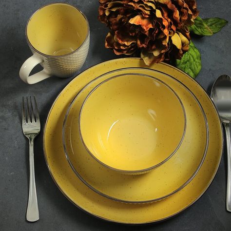 Union Rustic Jaya 16 Piece Dinnerware Set, Service for 4 & Reviews | Wayfair Yellow Dishes, Yellow Dinnerware, Lemon Kitchen, Stoneware Dinnerware Sets, Yellow Interior, Italian Kitchen, Yellow Kitchen, Mellow Yellow, Dinnerware Set