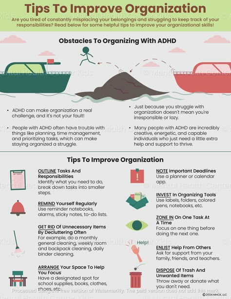 Getting organized involves systematically arranging things for better efficiency and clarity. This is a valuable skill; however, many individuals with ADHD struggle to keep track of their belongings or manage their tasks. Fortunately, there are ways to make organizing more manageable for them. The ADHD Tips To Improve Organization addresses the challenges clients with ADHD face in staying organized. It offers strategies to improve their organizational skills, such as creating outlines, noting important deadlines, and investing in tools. Using this handout can help kids and teens learn how to prioritize tasks, improve their planning skills, and make better use of their time — which leaves them feeling less stressed and more focused. Parents and teachers can support kids' efforts to improve Organizational Skills, How To Stay Organized, Neurodivergent Organization, Organizing For Add Adults, How To Improve Executive Functioning, Tips For Add Adults, Audhd Tips, Ocd Organization, Organization Skills