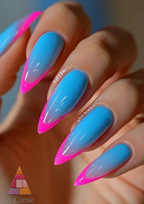 Pink Blue Nails Designs, Light Blue And Purple Nails, Hot Pink And Blue Nails, Blue Stiletto Nails Design, Light Blue French Tips, Light Blue Nail Art, Blue Nail Art Ideas, Blue And Pink Nails, Pink And Blue Nails