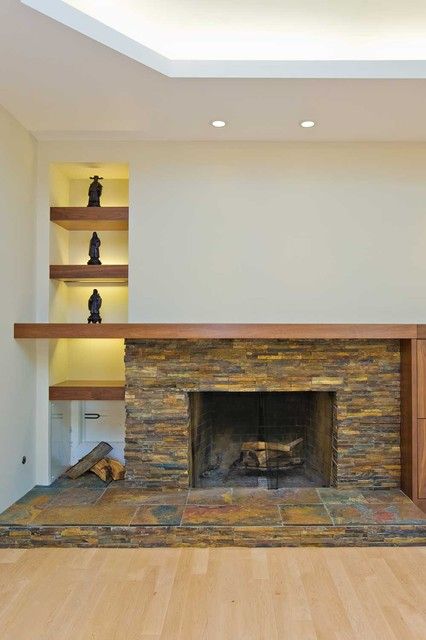 8 Artfully Asymmetrical Fireplaces Fireplace And Shelves, Asymmetrical Fireplaces, Beach Fireplace, Fireplace Walls, Fireplace Mantel Designs, Contemporary Family Room, Slate Fireplace, Fireplace Mantel Shelf, Fireplace Shelves