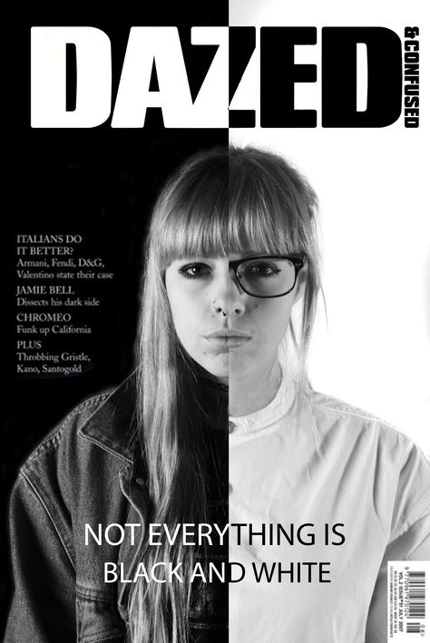 My dazed and confused magazine cover. Contrast Magazine Layout, Split Image Photography, Dazed And Confused Magazine Editorial, Magazine Masthead Design, Black And White Magazine Cover, Split Image, Magazine Cover Layout, Magazine Cover Page, Magazine Cover Ideas