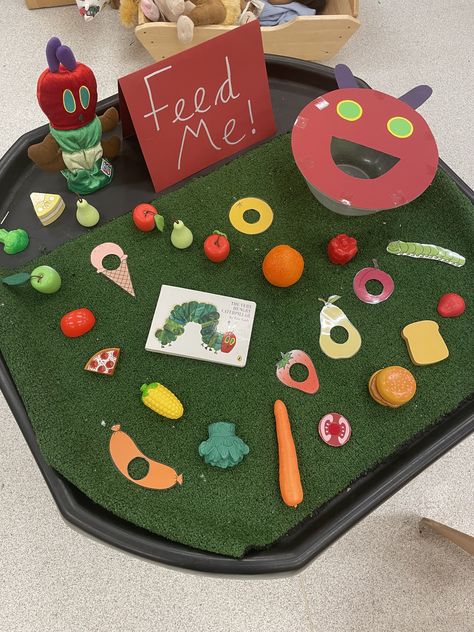 Caterpillar Tuff Tray, Hungry Caterpillar Tuff Tray, Healthy Food Activities For Preschool, Book Themed Activities, Tuff Tray Ideas Toddlers, The Very Hungry Caterpillar Activities, Sensory Classroom, Hungry Caterpillar Craft, Hungry Caterpillar Activities