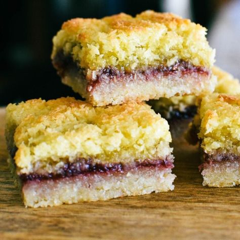 raspberry coconut slice. Jam Slice, Coconut Jam, Rice Bubbles, Coconut Slice, Cake Slices, Vegan Baking Recipes, Raspberry Coconut, Tomato Relish, Plum Jam