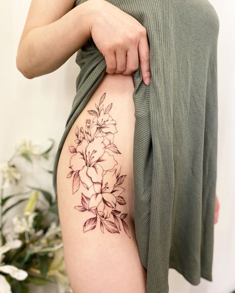 Fine line black and gray floral tattoo done by Vancouver artist Jamie Kan Black And Gray Floral Tattoo, Fine Line Botanical Tattoo, Side Thigh Tattoo, Gladiolus Flower Tattoos, Gladiolus Tattoo, Vancouver Tattoo, Side Thigh Tattoos, Flower Tattoo Meanings, Saved Tattoo