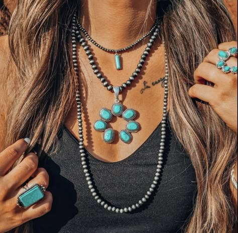 Stacked Western Necklaces, Turquoise Necklace Stack, Black Dress With Turquoise Jewelry, Punchy Western Jewelry, Real Turquoise Jewelry Necklaces, Western Jewelry Photography, Western Layered Necklaces, Western Necklace Stack, French Cowgirl