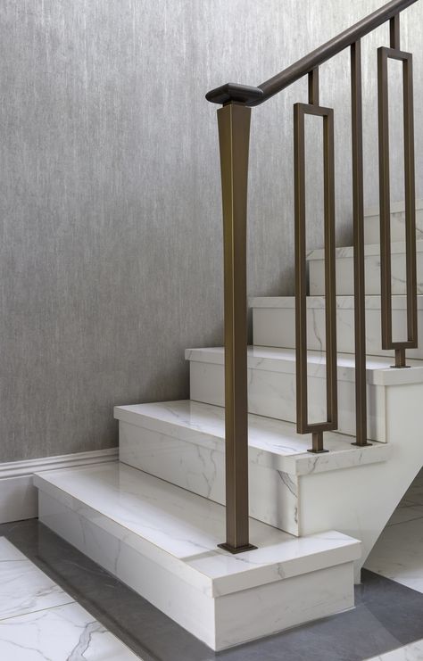 Bronze Railing Stairs, Stairs Steps Design, Bronze Stair Railing, Stairs Stone Design, Stairs Tiles Design Modern, Staircase Stone Design, Marble Staircase Modern, Marble For Stairs, Marble Stairs Design Modern