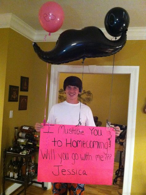 Homecoming idea. I mustache you to homecoming. Will you go with me. A yes and no balloon clipped to poster. School Dance Ideas, Prom Posters, Asking To Prom, Dance Proposal, High School Love, High School Dance, Prom Date, Homecoming Dance