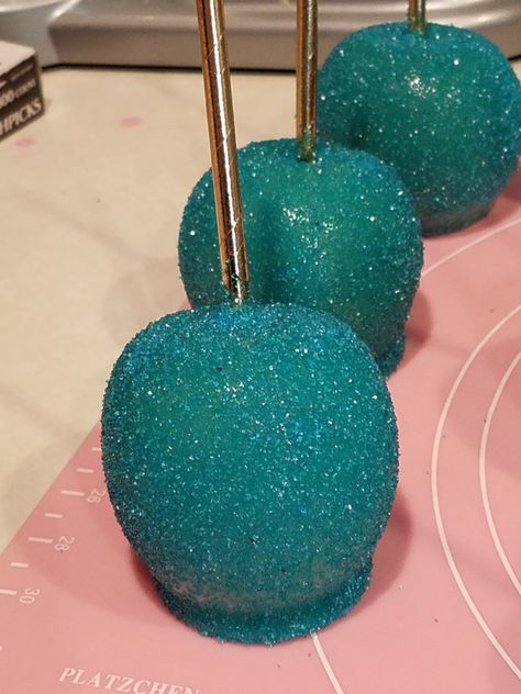 Teal BLING candy apples Teal Desserts, Teal Sweet 16, Blue Candy Apples, Dipped Apples, Harry Potter Candy, Aesthetic Pin, 50 Birthday, Apple Dip, Toffee Apple