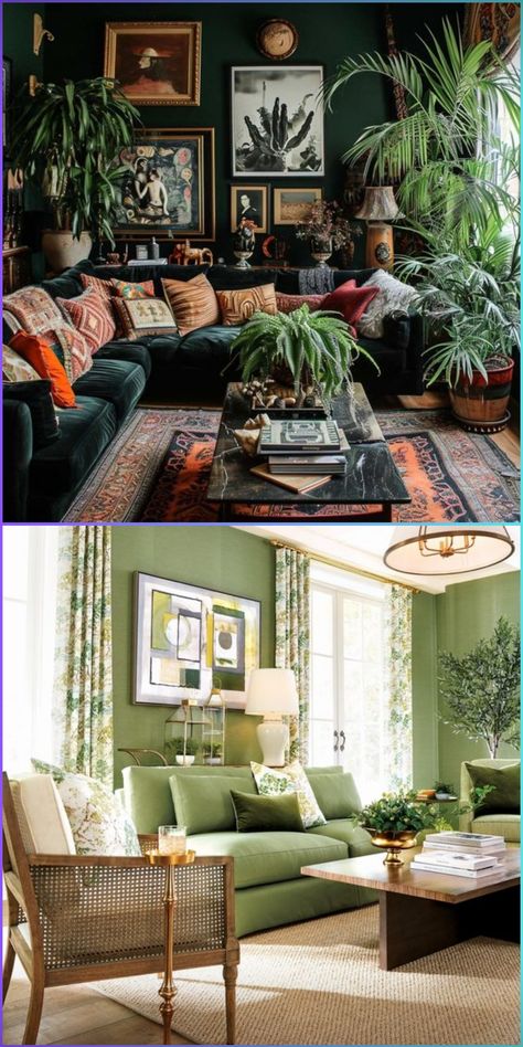 Elevate your home with green living room ideas featuring emerald and burnt orange. This bold color scheme creates a lively yet moody atmosphere, perfect for modern homes. Green And Rust Living Room, Green And Orange Living Room, Green Color Palette Living Room, Living Room Ideas Grey, Room Ideas Grey, Green Living Room Color Scheme, Disco Jungle, Emerald Green Living Room, Green Living Room Ideas