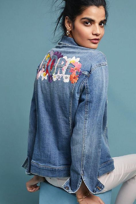 Coastal Closet, Jeans Design, Embroidered Denim Jacket, Anthropologie Jacket, Embroidered Clothes, Embroidered Denim, Embroidered Jacket, Vintage Rose, Denim Jean Jacket