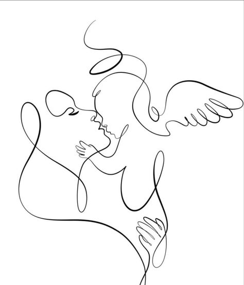 2 Baby Angel Tattoo, Angel Baby Tattoo, Mom And Baby Line Art, Angel Baby Drawing, Baby Line Art, Baby Memorial Tattoos, Angel Baby Art, Baby Angel Tattoo, Line Art Tattoo