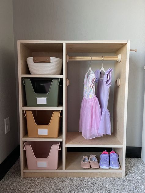 DIY Montessori Toddler Wardrobe Diy Montessori Dressing Area, Montessori Closet Diy, Toddler Wardrobe Montessori, Toddler Dressing Station, Montessori Clothes Storage, Diy Toddler Furniture, Montessori Furniture Diy, Diy Kids Wardrobe, Montessori Clothes Rack