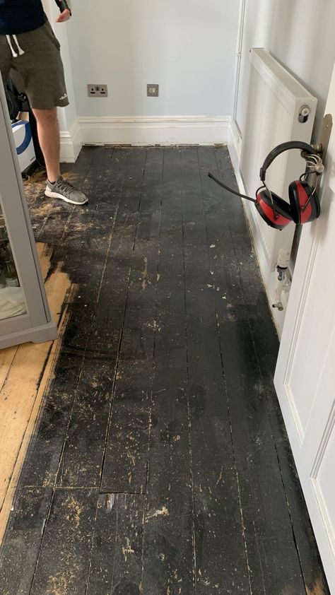 bitumen on victorian floorboards Painted Floorboards Bathroom, Victorian Floorboards, Old Wooden Floor, Painted Floorboards, Floor Restoration, Antique Flooring, Under Stairs Cupboard, Lead Paint, Painted Floor