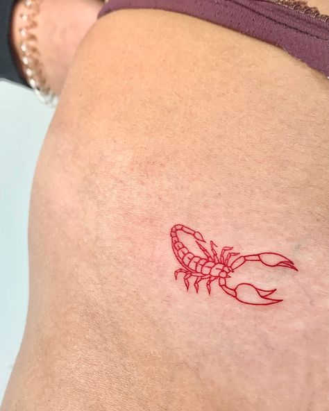 Scorpio tattoo, in red ink on a girls hip #girlytattoo #girltattoo #redtattoo #redink #redinktattoo #redscorpiotattoo #redscorpio #scorpiotattoo #scorpiontattoo #scorpion #instagram #tattoo #tattoos #tatuagem #portugaltatuagem #tatuadoresportugal #tattooportugal Scorpio Tattoo Minimalist Women, Scorpio Tattoo Hip, Scorpion Tattoo Feminine Outline, Scorpio Red Tattoo, Scorpion Tattoo Meaning, Scorpion Minimalist Tattoo, Scorpion Tattoo Red, Small Scorpion Tattoo Woman, Red Scorpio Tattoo