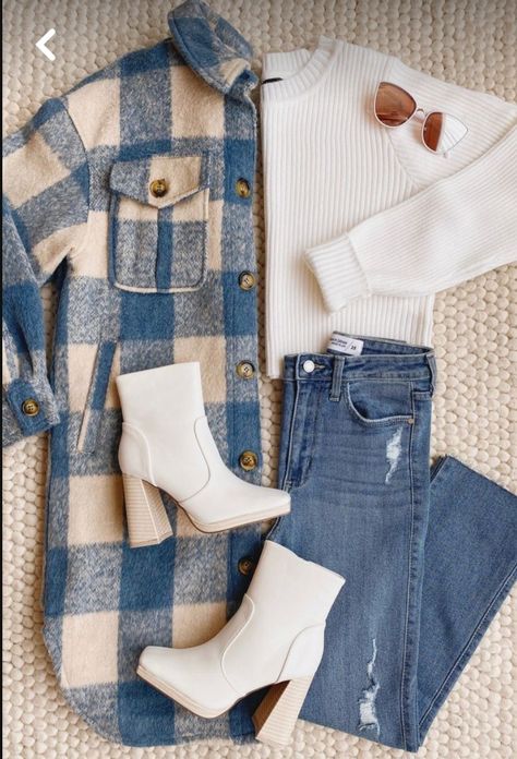 Warm Fall Outfits, Casual Winter Outfit, Sweater And Jeans, Winter Fashion Outfits Casual, Elegante Casual, Woven Jacket, Mode Casual, Classy Fashion, Plaid Coat